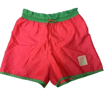 Vtg 90’s Trends Shiny NEON Pink Green NYLON Athletic Beach Surfer Shorts USA M - Image 1 of 4