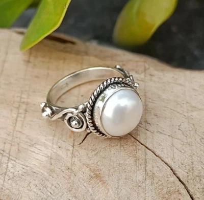 Fresh Water Pearl Ring 925 Sterling Silver Handmade Worry Ring All Size SR493 - Image 1 of 4
