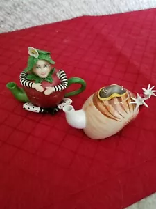 2 Khien Ceramic Shell or Sea snail and Apple girl miniature Teapots Figurines - Picture 1 of 9