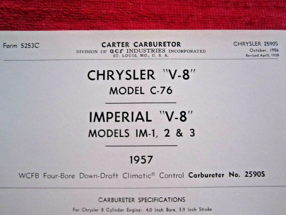 1957 CHRYSLER C-76, IMPERIAL IM-1,2 CARTER WCFB 2590S CARBURETOR,SPEC INFO SHEET - Image 1 of 1