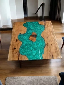 24" Green Epoxy Resin Center Coffee Table Natural Acacia Wooden Live Edge Decors - Picture 1 of 7