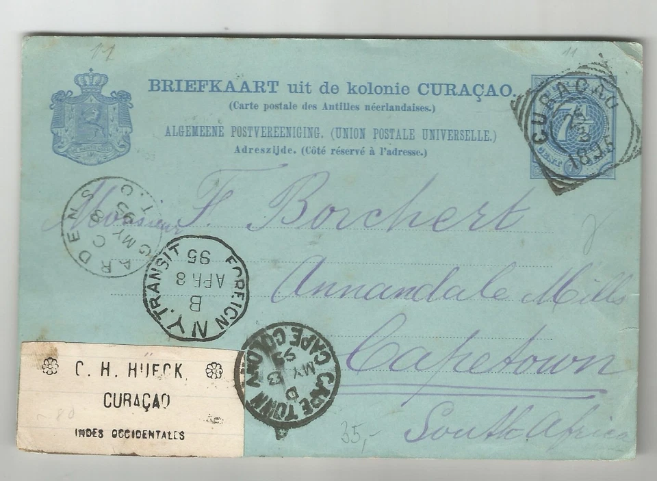 Curacao classical card 1895 to Capetown, rare destination - Image 1 of 1
