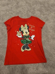 Kids Girls Disney Red Tee Minnie Mouse Size L (10-12) Christmas Glitter Sequins - Picture 1 of 9