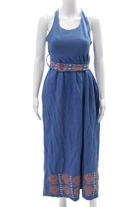Lauren Moffatt Women's Sleeveless Pockets Embroidered Maxi Dress Blue Size 2 - Picture 1 of 6