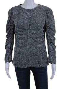 Rebecca Taylor Womens 3/4 Sleeve Scoop Neck Metallic Ruched Top Silver Large - Picture 1 of 6