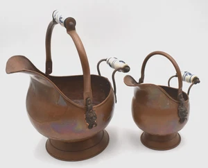 Vintage Kupfer Messing Kohle Schaufel Eimer Löwenkopf Keramikgriffe Holland Set 2 - Bild 1 von 20