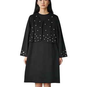 Nana Leonard Black Wool Blend Sweater Dress Petite Large Attached Jacket Mirrors - Picture 1 of 11