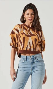ASTR the Label Colette Puff-Sleeve Sweater Womens L Animal Print Boho Cozy Brown - Picture 1 of 6