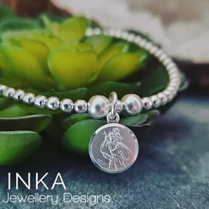 925 Sterling Silver St Christopher Bracelet Beaded Stretch Stacker By INKA - Picture 1 of 7