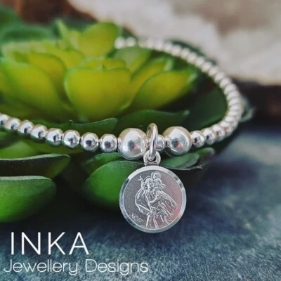 Pulsera Inca Plata Esterlina 925 Elástica con Cuentas con Dije de San Cristóbal Foto 1 de 4