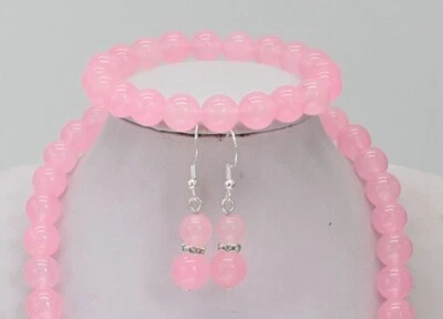 Parure collana bracciale orecchini autentico quarzo rosa GARANZIA 6-14 mm NUOVA - Immagine 1 di 4