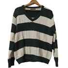 Brandy Melville Nikki V-Neck Green Cream Chunky Striped Cable Knit Sweater