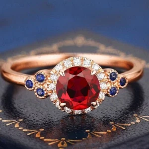 2.32ct Round Cut Natural Red Garnet Gemstones Diamond Wedding Ring 14K Rose Gold - Picture 1 of 14