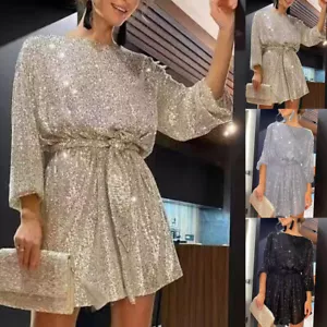 Women's Sequins Lantern Sleeve Evening Party Dress Baggy Mini Dress Ball Gown - Picture 1 of 16