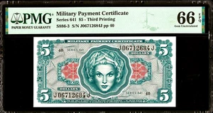 MPC Series 641 $5.00 Five Dollar Military Payment Certificate PMG Gem 66 EPQ - Picture 1 of 2