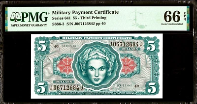 MPC Series 641 $5.00 Five Dollar Military Payment Certificate PMG Gem 66 EPQ - Image 1 of 2