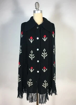 Vintage 1970's black, white & red flora acrylic knit FRINGED Cape Capelet sz.S-L - Image 1 of 4