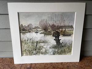 VINTAGE AQUARELL R HAROT FRANZÖSISCHER KÜNSTLER LANDSCHAFT TEICH MANN BOOT LANDSCHAFT - Bild 1 von 14