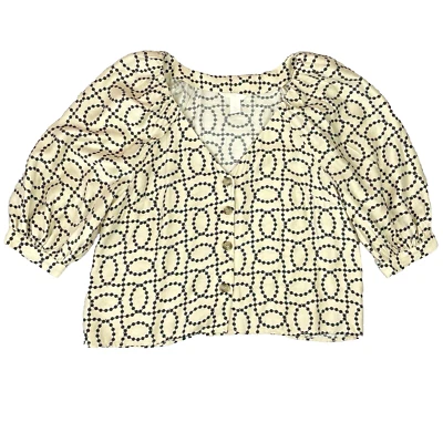 H&M  Polka Dot Button Down Blouse Women’s Med Cream Black V Neck 3/4 Sleeve Top - Image 1 of 4