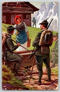 Postcard WW1 Swiss? Soldiers Talk to Lady - Picture 1 of 2