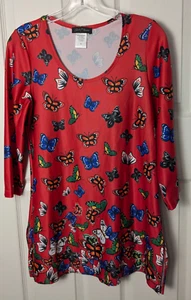 Slinky Brand Red Top Butterfly Print Smooth Knit Shirt XS Long Sleeve Tunic - Picture 1 of 4
