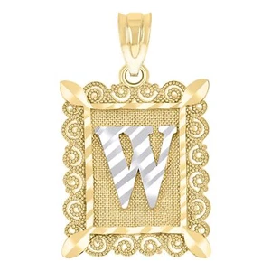 10kt Two-Tone Gold Unisex Diamond-Cut Initial W Charm Pendant - Picture 1 of 3