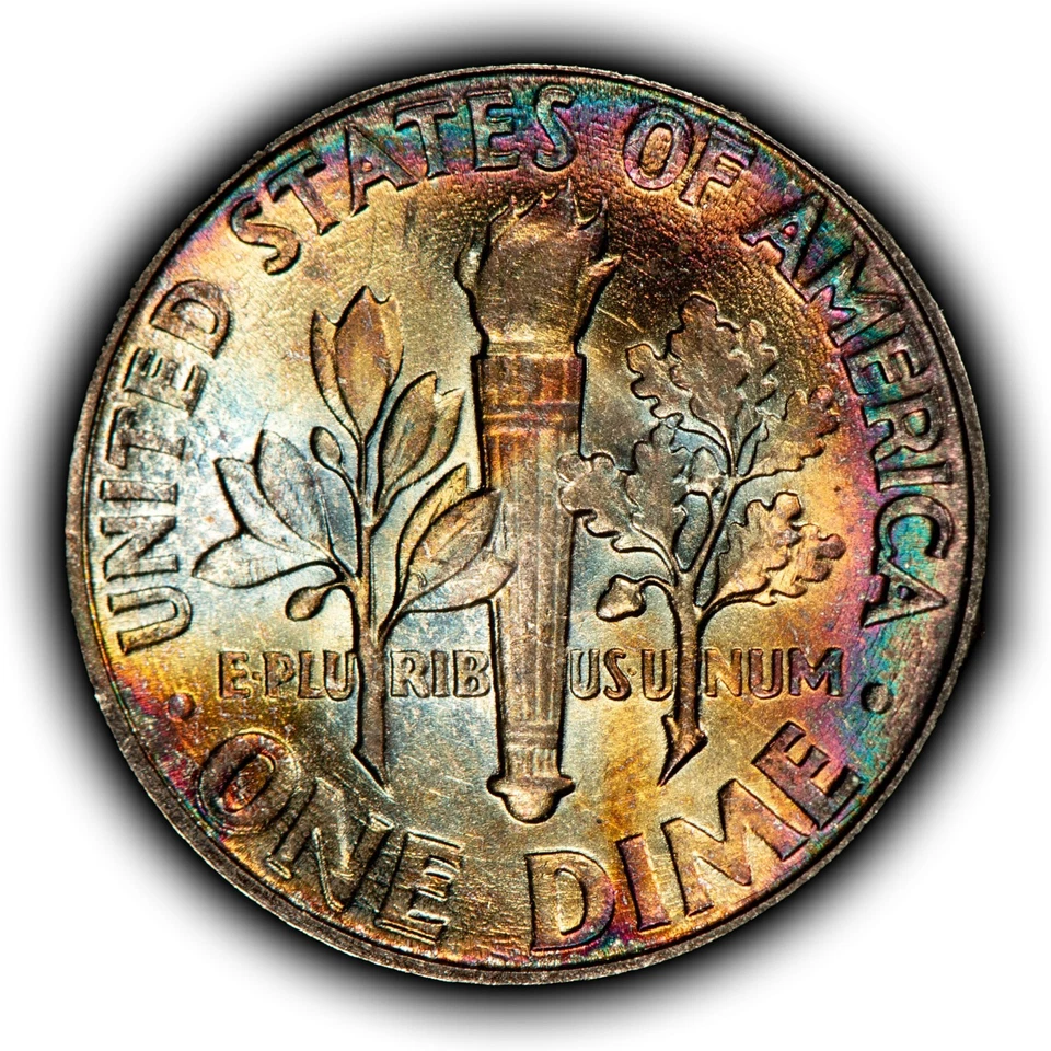 1959 10c Silver Roosevelt Dime - PQ Neon Rainbow Toning - BU - SKU-Z6337 - Image 1 of 4