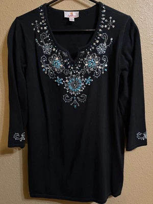 QUACKER FACTORY SWEATER SZ MEDIUM BLACK STRETCH 3/4 SLV BEADED & SEQUINS - Image 1 of 4