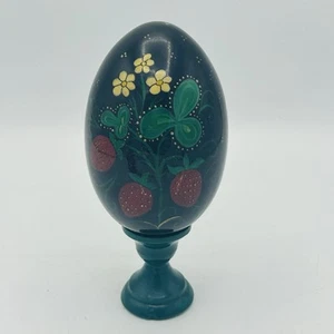 VTG Russian Hand Painted Laquer Egg Black Floral Strawberries + Stand 2 Sided 4” - Picture 1 of 19
