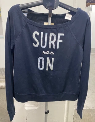 NWT-Hollister Women Navy Blue “Surf On” Lightweight Boatneck Sweatshirt SZ L - Image 1 of 4