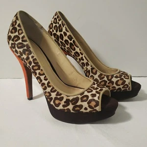 Enzo Angiolini Sully Leopard Peep Toe Heels Leather Orange - Picture 1 of 12