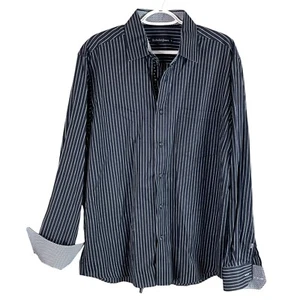 Bullock & Jones Mens Button Up Shirt Large Black Striped Flip Cuff Trim Cotton - Picture 1 of 7