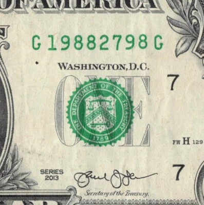 Банкнота 1988 года с серийным номером 1 доллар США ведущая позиция G19882798G - Изображение 1 из 4