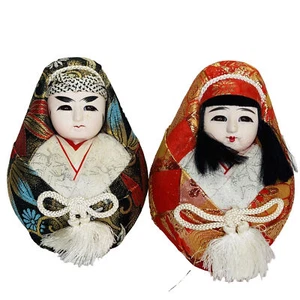 Japanese Roly Poly Porcelain Hand Painted Wedding Dolls Faces Brocade Fabric - Picture 1 of 8