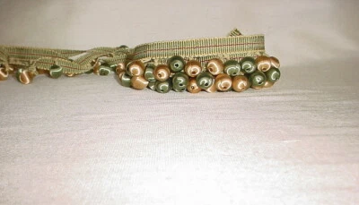 27-1/2Y KRAVET COUTURE SATIN BEADED FRINGE IN JEWEL GREEN GOLD TASSEL TRIM - Image 1 of 3