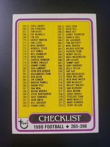 1980 Topps football Checklist unmarked card #391