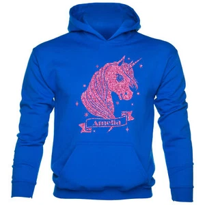 Kids Personalised Hoodie Unicorn Any Name Birthday Gift Amelia In Pink Glitter - Picture 1 of 7
