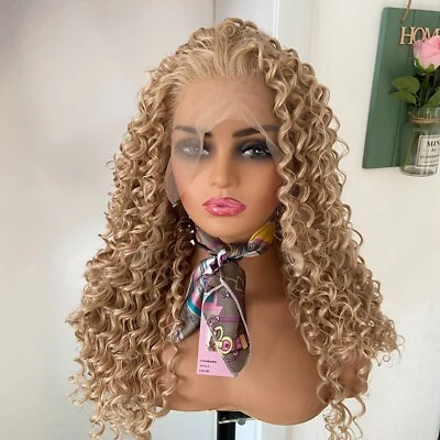 Kinky Curly 金色混合花边前耐热纤维假发女式柔软天然 — 第 1/4 张图片