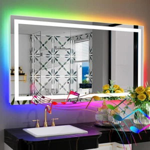 Long 47" RGB LED Bluetooth Bathroom Mirror w/ 2-Loudspeaker Touch Sensing Button - Picture 1 of 16