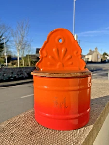 VINTAGE FRENCH ORANGE ENAMEL SEL SALT BOX CELLAR WALL HANGING KITCHEN STORAGE - Picture 1 of 9