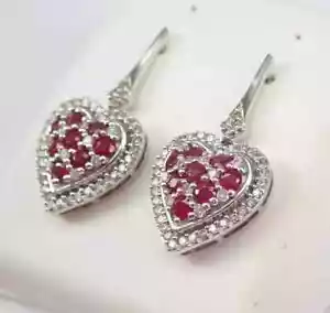 14k White Gold Plated Round Cut Lab-Created Ruby Women's Drop-Dangle Earring - Picture 1 of 7