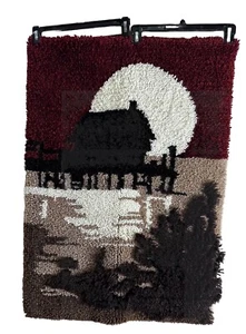 Vintage 1970 Latch hook Wall Hanging Dock house On Water Sunset Unique 25X34 - Picture 1 of 14