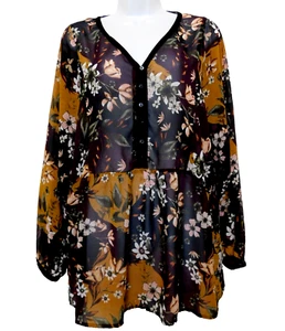 Style & Co Sheer Chiffon PopOver Top Plus 1X Brown Floral Velour Trim 3/4 Sleeve - Picture 1 of 9