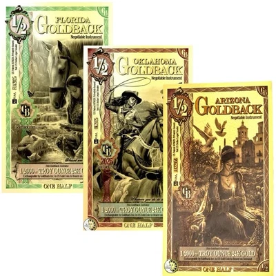 FULL SET ALL 3 STATES 1/2 GOLDBACK 1/2000 OZ FLORIDA OKLAHOMA ARIZONA BU - Image 1 of 4