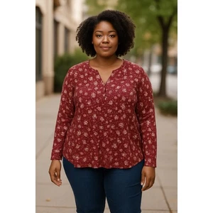 Style & Co Women's Floral Print Long Sleeve Top Blouse Shirt 2XL Burgundy - Picture 1 of 8