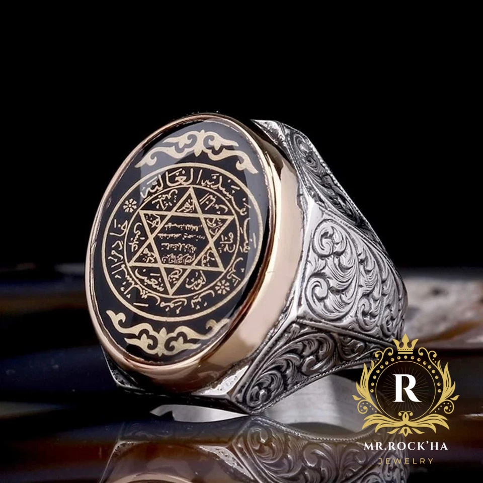 Seal of Solomon,Black Enamel,Wave Flower Engraved,925 Sterling Silver Men's Ring - Image 1 of 4
