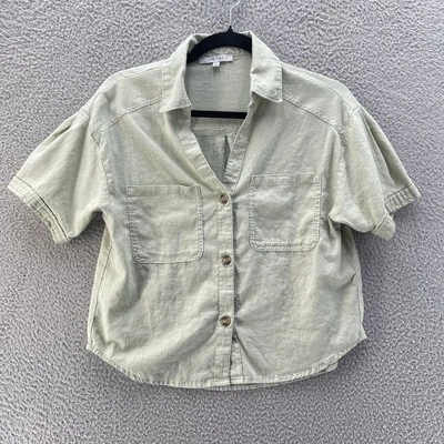 Top de lino Love Tree para mujer pequeño verde bolsillos en el pecho grapa básico vacaciones costeras Foto 1 de 4