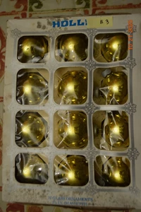 Original Box Set Of 12 Vintage HOLLY  Gold  1 3/4" Glass Christmas Ornaments #3 - Picture 1 of 1