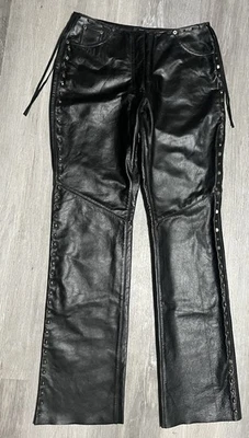 Pantalones de cuero negros con tachuelas Harley Davidson vintage + flecos laterales talla 12 Foto 1 de 4
