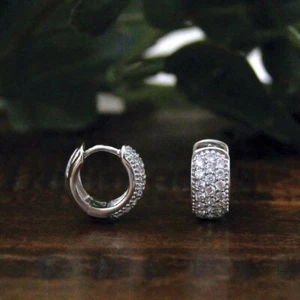 Wide 3 Row Hoop Earrings 1ct Round Cut Simulated Diamond 14k White Gold Plated - Picture 1 of 5